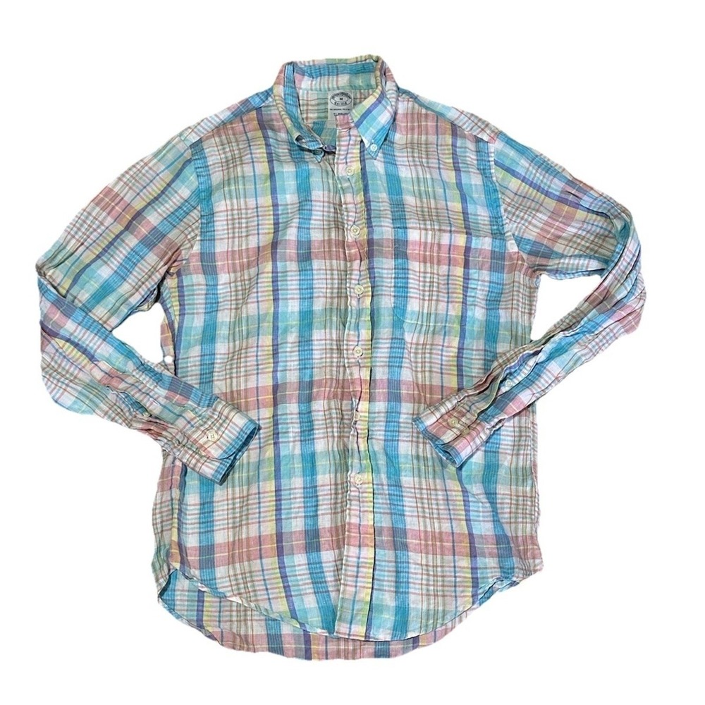 Brooks Brothers Regent Mens Baird Irish Linen Button Down Plaid Polo Shirt Sz M
